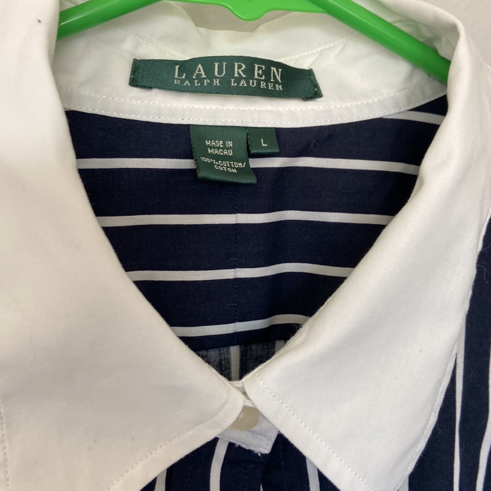 Ralph Lauren VTG Cuff & Collar Button-Up 3/4 Sleeve Shirt Navy/White Stripe SZ L - Picture 5 of 11